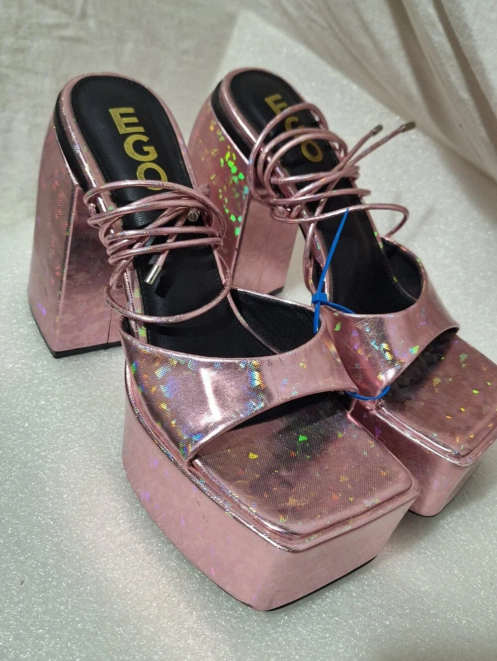 Pink Holographic Platform Block Heel Sandals